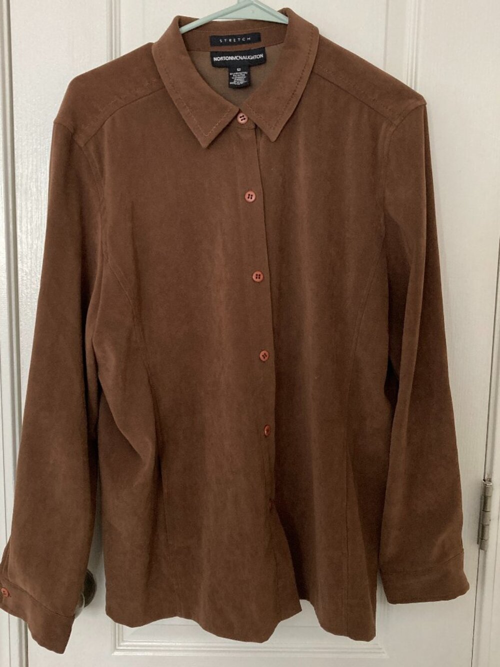 Norton McNaughton Brown Stretch Microfiber Button Front Top Size 12